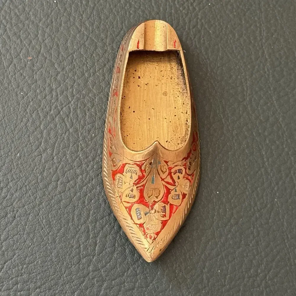 Vintage Brass Shoe Ashtray Hand Etched Red Slipper India Genie Aladdin
